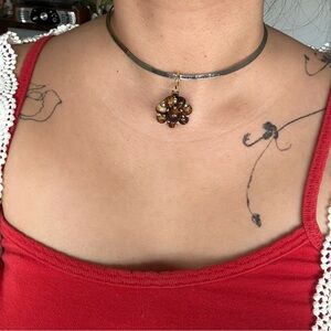 Upcycled Vintage Brown Flower Pendant Choker Necklace